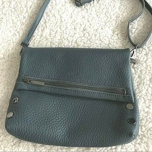 Hammitt VIP Fold Over Crossbody Pebbled Leather Ferry Gray Blue Gunmetal Medium